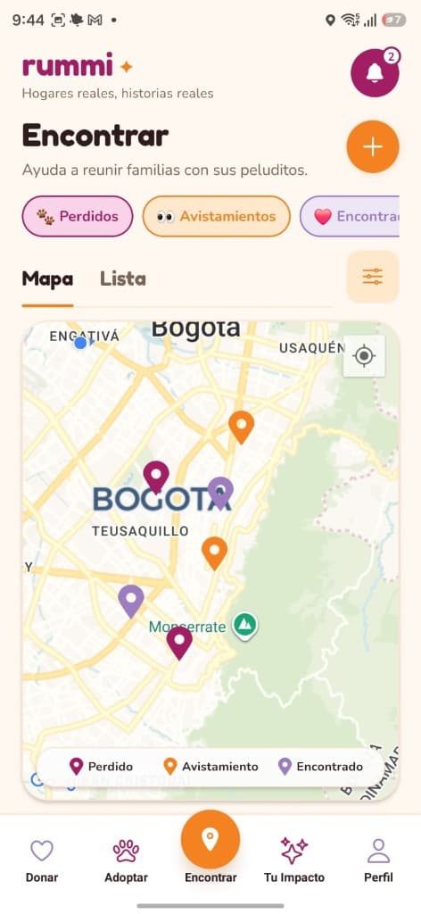 Pantalla de Encontrar de Rummi con mapa de mascotas perdidas